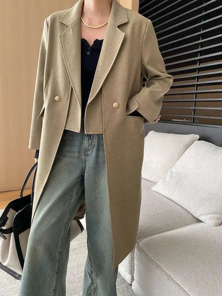 Women Khaki Irregular Spliced Long Big Size Blazer New Lapel Long Sleeve Jacket Fashion Tide Spring Autumn 2025  1DH6851