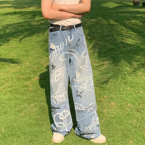 Load image into Gallery viewer, High Street Men&#39;s Jeans Graffiti Contrast Color Trousers Straight Wide Leg Male Denim Pants Fashion Summer 2024 9C6793
