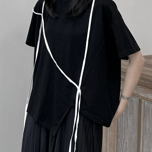 Load image into Gallery viewer, Women White Ribbon Color-block Big Size Casual T-shirt New Round Neck Short Sleeve Fashion Tide Spring Summer 2025 1DJ1675
