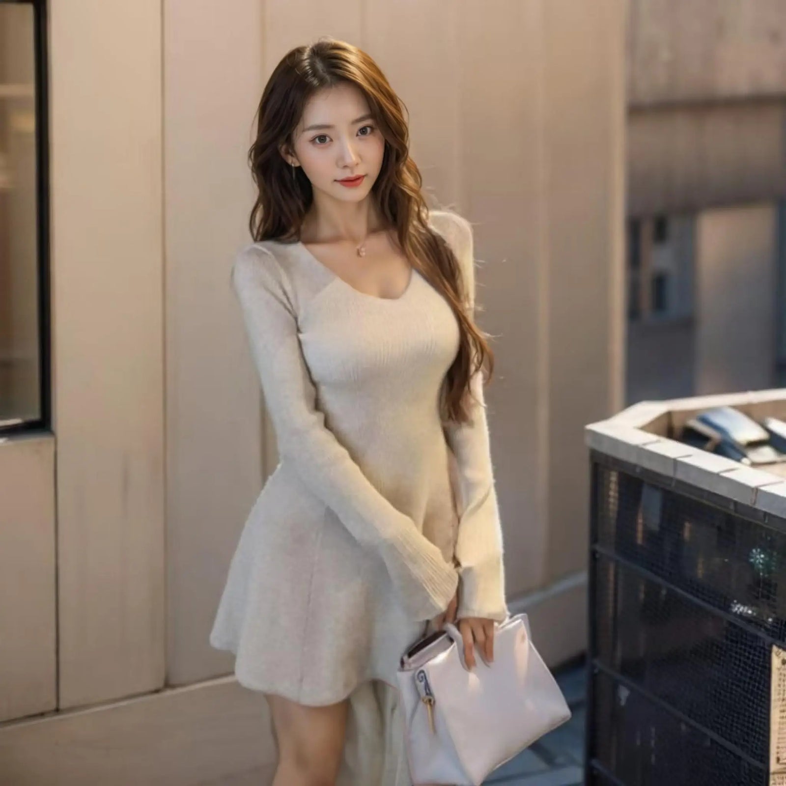 Women's Spring Autumn Vintage Black Flared Long Sleeved Knitted Short Dress Khaki V-neck High Waist Slim Pleated Mini Dress Chic