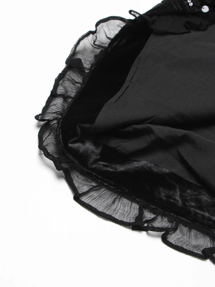 Elegant Solid Midi Skirts For Women High Waist Patchwork Mesh Sequins A Line Temperament Skirt Female Summer