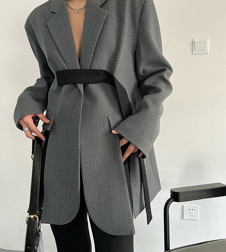 Women Gray Ribbon button Slit Elegant Big Size Blazer New Lapel Long Sleeve Jacket Fashion Tide Spring Autumn 2025 5W1003