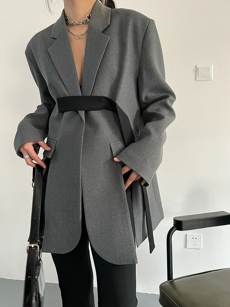 Women Gray Ribbon button Slit Elegant Big Size Blazer New Lapel Long Sleeve Jacket Fashion Tide Spring Autumn 2025 5W1003