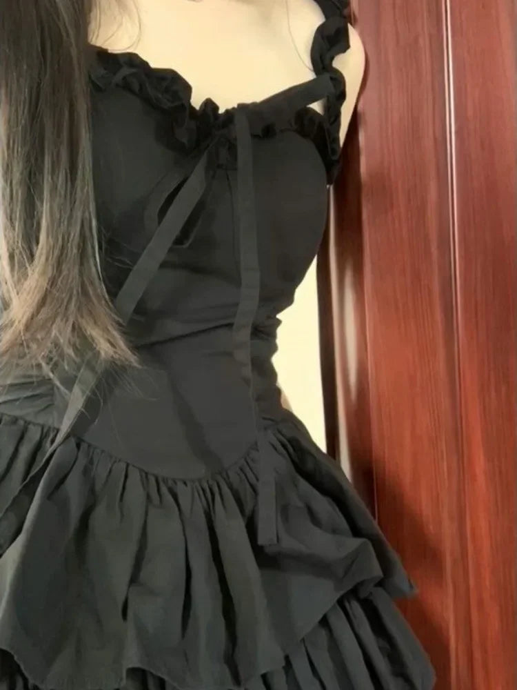 Gothic Hrajuku Goth Lolita Kawaii Cute Black Ruffles Dress Soft Girl Y2k Fashion Cake Party Short Dresses