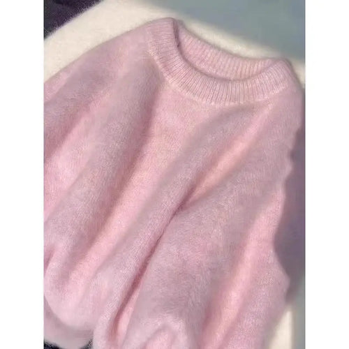 Load image into Gallery viewer, Women Pink Gray Round Neck Pullover Sweater Autumn Winter White Basic Warm Casual Korean Long Sleeved Knitwear Tops Versatile
