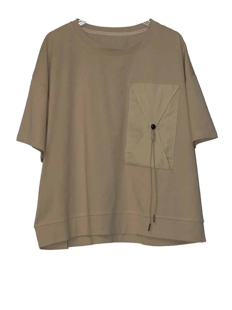 Women Black Pocket Spliced Big Size Casual T-shirt New Round Neck Short Sleeve Fashion Tide Spring Summer 2025 1DJ0898