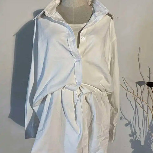 Load image into Gallery viewer, Women White Irregular Knot Split Big Size  Dress New Lapel Long Sleeve Loose Fit Fashion Spring Summer 2025 1X3420
