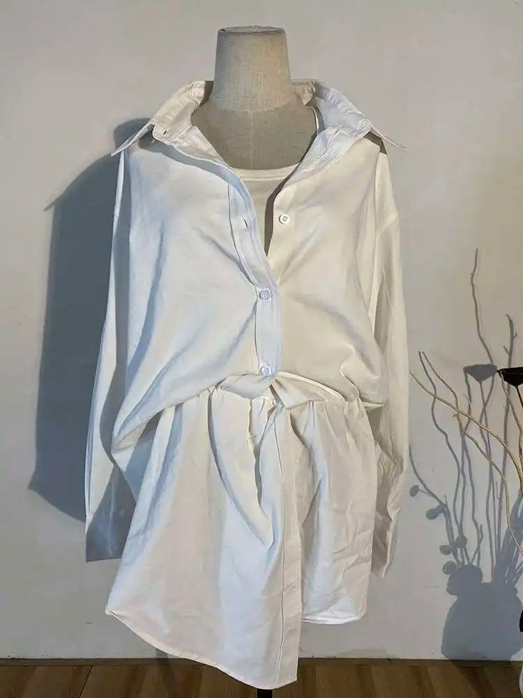 Women White Irregular Knot Split Big Size  Dress New Lapel Long Sleeve Loose Fit Fashion Spring Summer 2025 1X3420