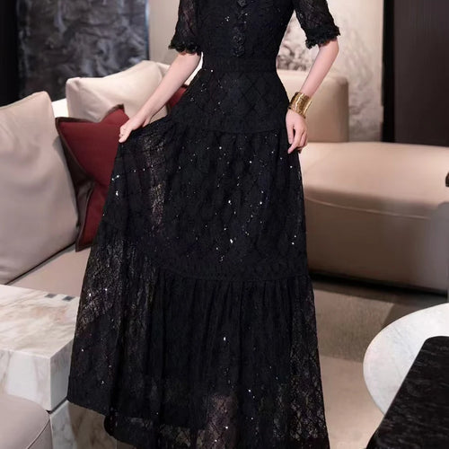 Load image into Gallery viewer, Solid Spliced Sequines Slimming Dresses For Women O Neck Long Sleeve High Waist Temperament Dress Female Fashion

