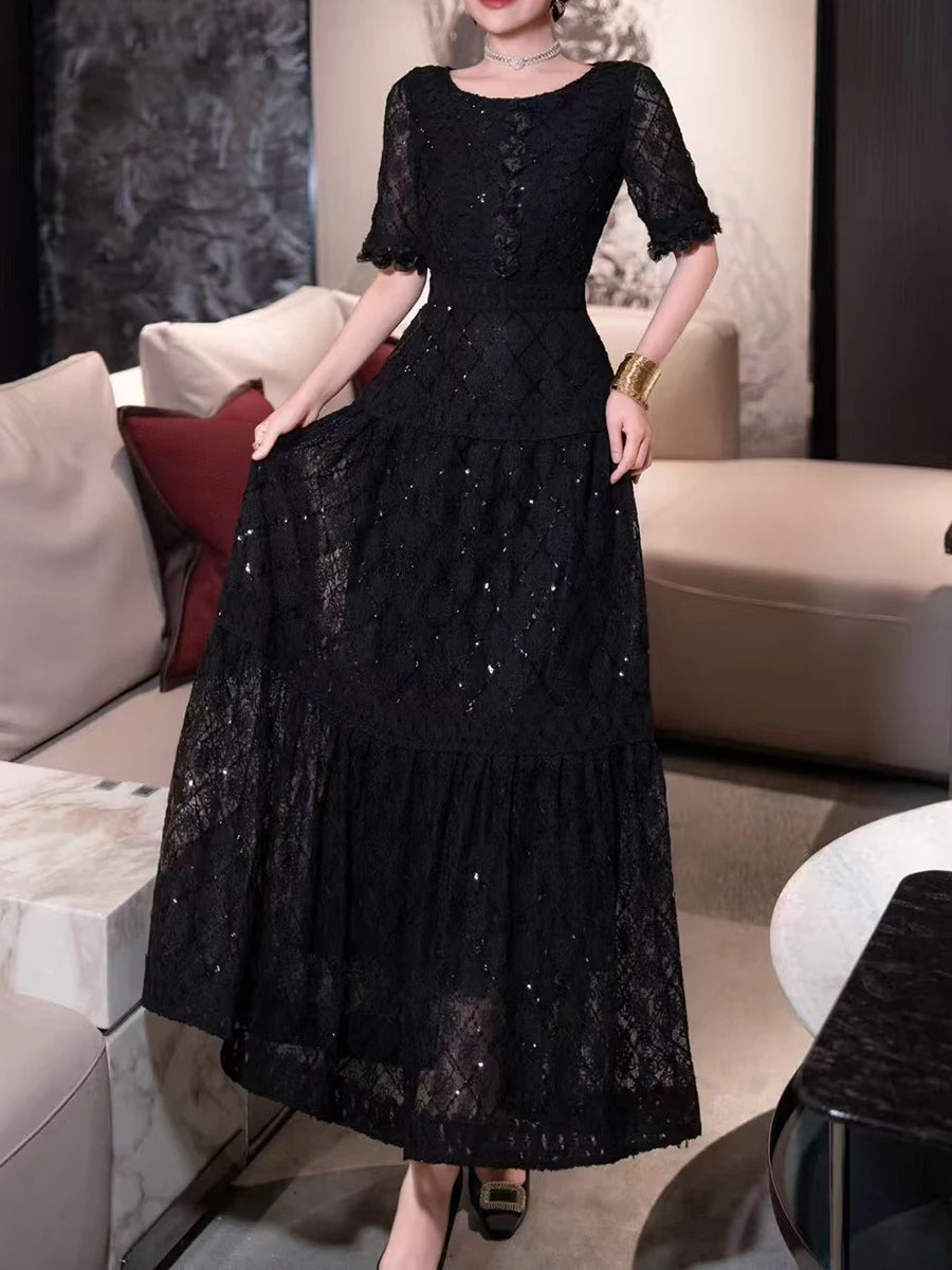 Solid Spliced Sequines Slimming Dresses For Women O Neck Long Sleeve High Waist Temperament Dress Female Fashion