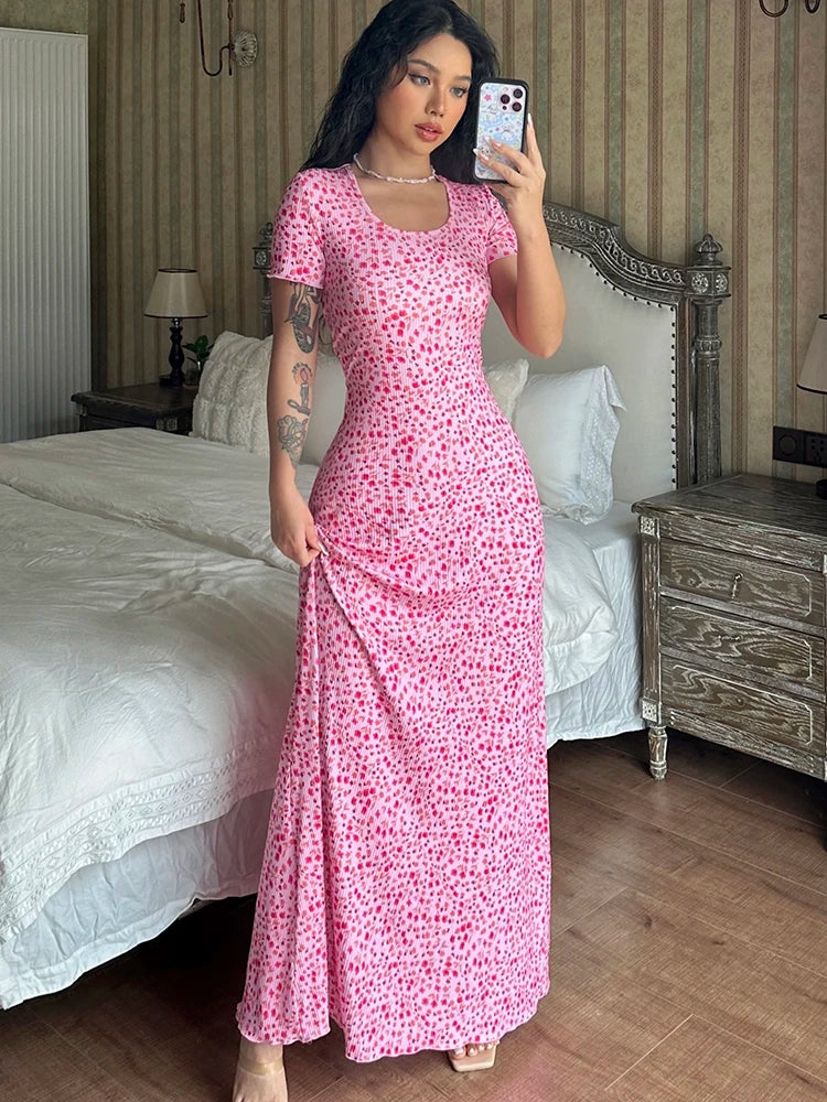 Elegant Ribbed Floral Print Square Collar Short Sleeve Bandage Sexy Maxi Dress Women Clothes Birthday Party Festival