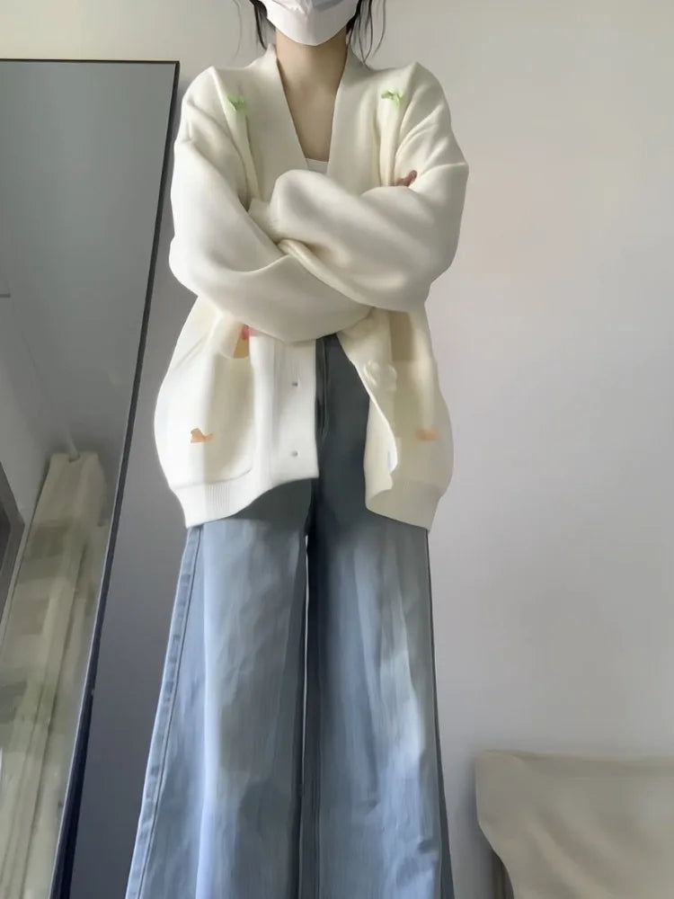 3D Flower Y2k Aesthetic Knitted Grunge Cardigan 2025 Autumn Oversize Loose Contrast Women Sweater Bow Harajuku Cardigans Femme