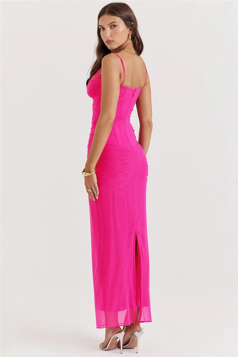 Elegant Spaghetti Strap Backless Sexy Maxi Dress For Women Fashion Two Layer Mesh Sleeveless Bodycon Club Party Dress