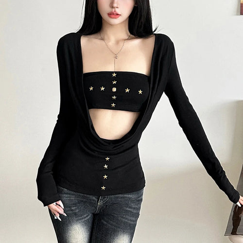 Load image into Gallery viewer, y2k Fairy Grunge Top Women Gothic Clothes Cowl Neck Long Sleeve T Shirt with Metal Star Tube Top 2000s Streetwear

