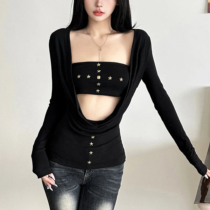 y2k Fairy Grunge Top Women Gothic Clothes Cowl Neck Long Sleeve T Shirt with Metal Star Tube Top 2000s Streetwear