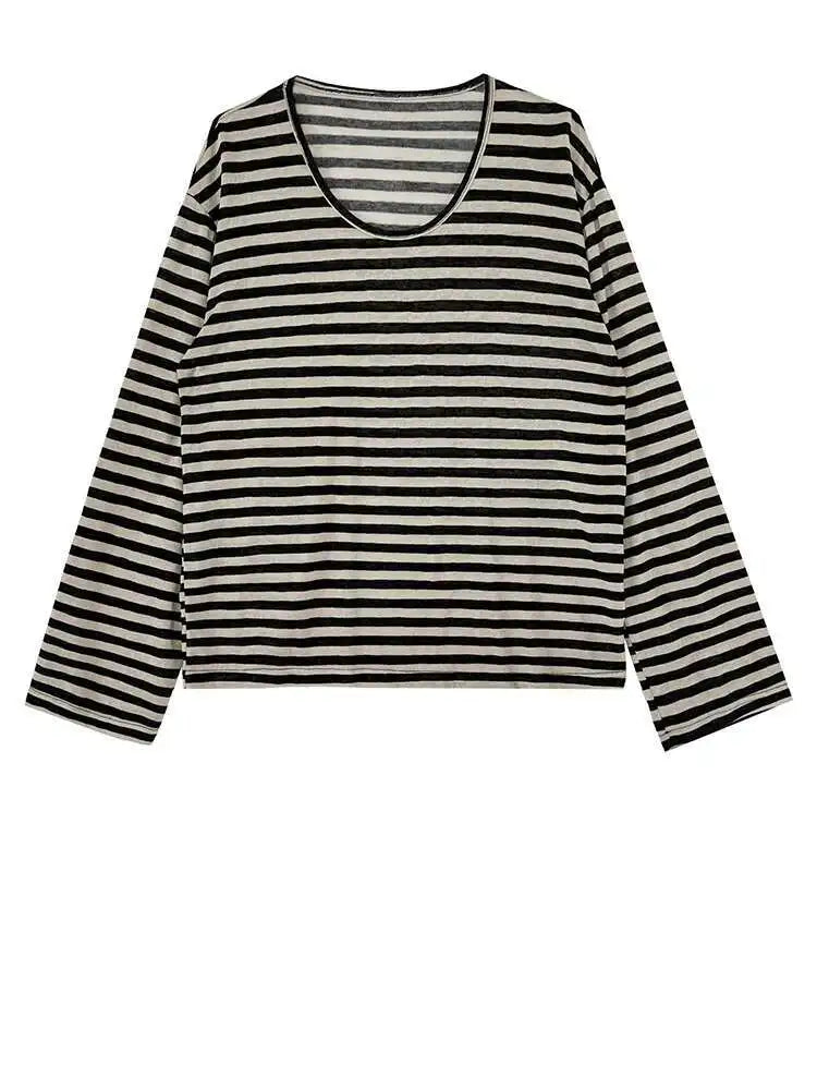 Women Apricot Striped Color-block Big Size Casual T-shirt New Round Neck Long Sleeve Fashion Spring Autumn 2025 1DH6803