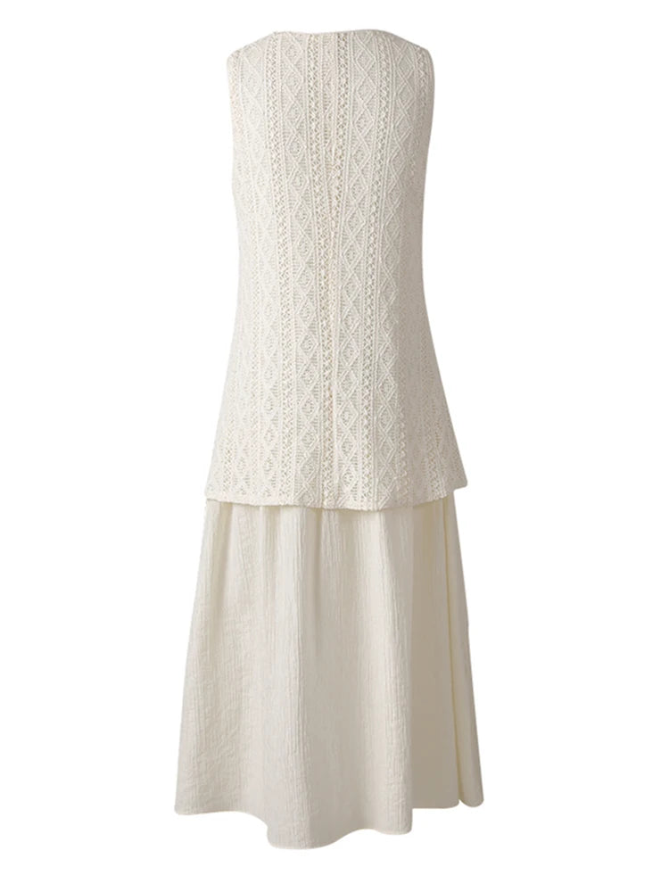 Women Beige Knitting Spliced Elegant Midi Vest Dress New Round Neck Sleeveless Fashion Tide Spring Summer 2025 CPG3068
