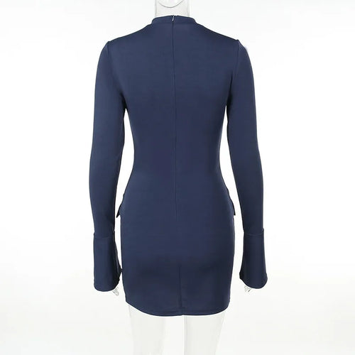 Load image into Gallery viewer, Dark Blue Two Pocket Sexy Mini Dress For Women 2023 Autumn Winter New Long Sleeve Bodycon Club Party Dress Elegant

