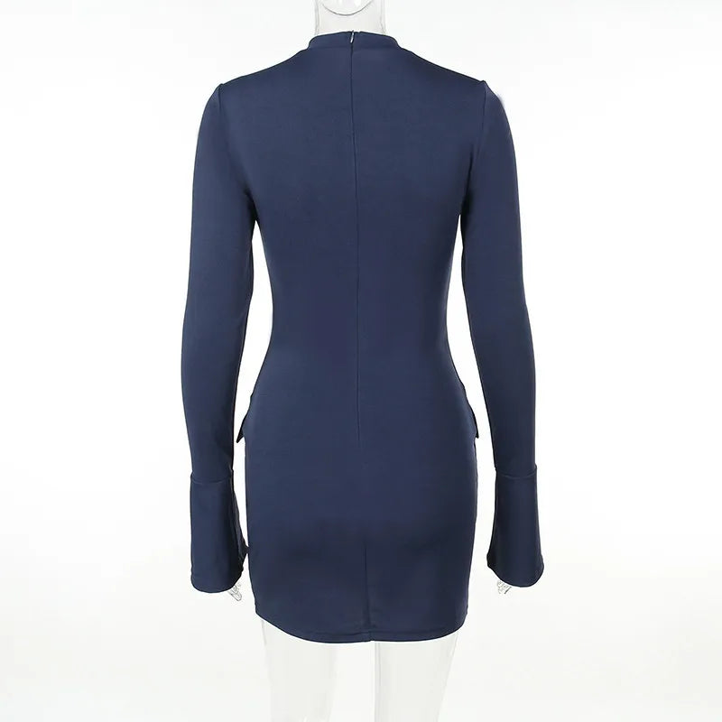 Dark Blue Two Pocket Sexy Mini Dress For Women 2023 Autumn Winter New Long Sleeve Bodycon Club Party Dress Elegant