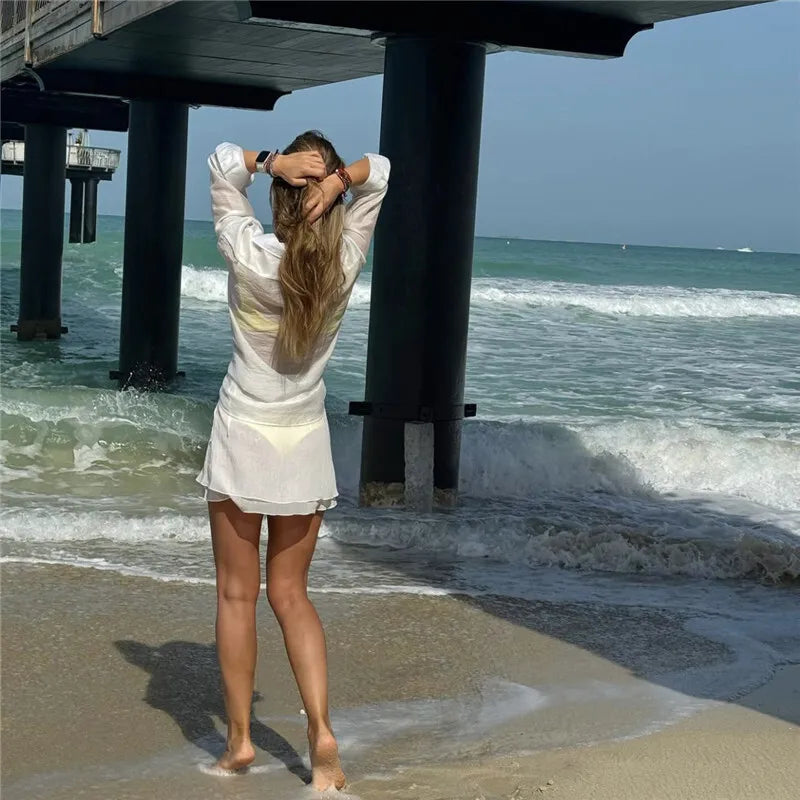 Summer Beach Two Piece Sets Women Long Sleeve Shirt And Mini Skirt Female See Through Loose 2 Piece Set Beachwear