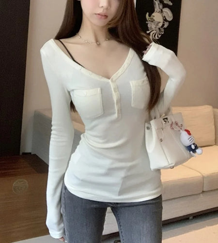 y2k Tops for Women Solid Color Buttons V Neck Slim Fit Long Sleeve T Shirts with Pockets 2000s Clothing Streetwear