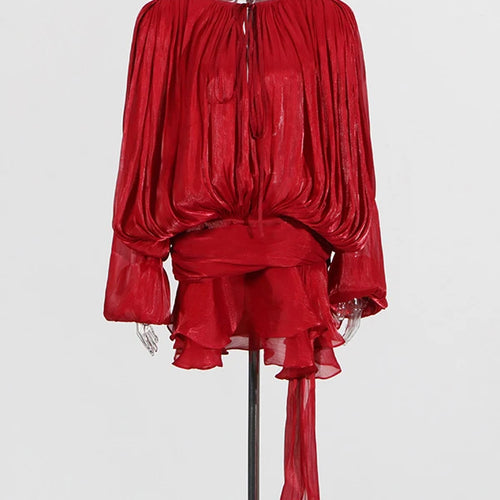 Load image into Gallery viewer, Solid Spliced Lace Up Mini Dresses For Women O Neck Long Sleeve High Waist Designer Dress Female Fashion Style New
