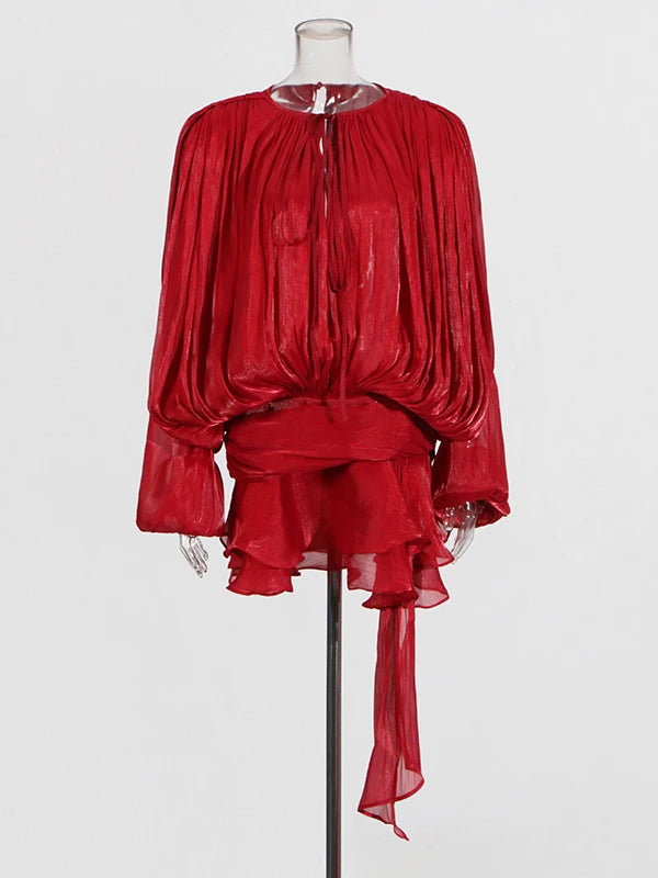 Solid Spliced Lace Up Mini Dresses For Women O Neck Long Sleeve High Waist Designer Dress Female Fashion Style New