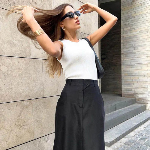 Load image into Gallery viewer, Black Loose Long Skirts Women A-Line Zip Skirts Ladies Elegant Summer Skirts Female With Pocket Ankle-Length Skirts
