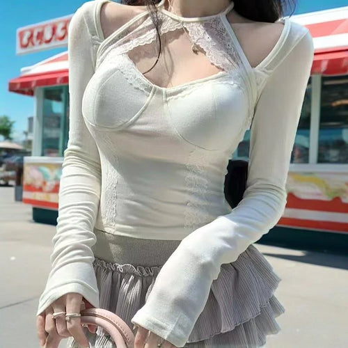 Load image into Gallery viewer, y2k Crop Top Women Fairycore Clothing Lace Patchwork Round Neck Long Sleeve Halter Neck T Shirt 2000s Aesthetic Clothes

