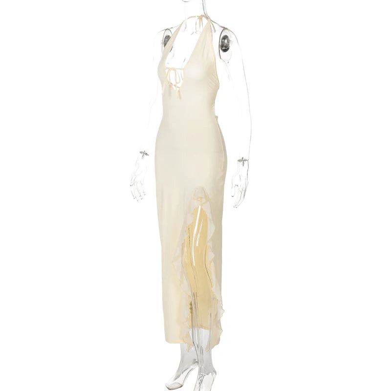 Ruffle Sexy V-neck Backless Sleeveless Lace-up Thigh Split Patchwork Maxi Dress For Women Slim Party Evening  Dress