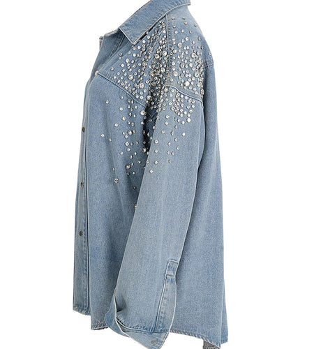 Loose Fit Blue Denim Rhinestones Big Size  Jacket New Lapel Long Sleeve Women Coat Fashion Tide Spring Autumn 2025  7AB878