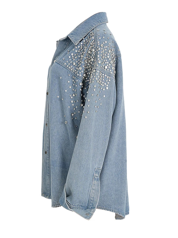 Loose Fit Blue Denim Rhinestones Big Size  Jacket New Lapel Long Sleeve Women Coat Fashion Tide Spring Autumn 2025  7AB878