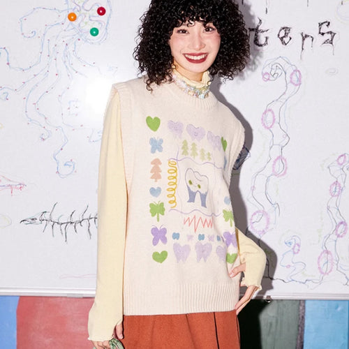 Load image into Gallery viewer, Autumn Grunge Loose Knitted Women's Tanks Casual Cartoon Sleeveless Pullovers Y2k Aesthetic Harajuku Streetwear Sweater Vest
