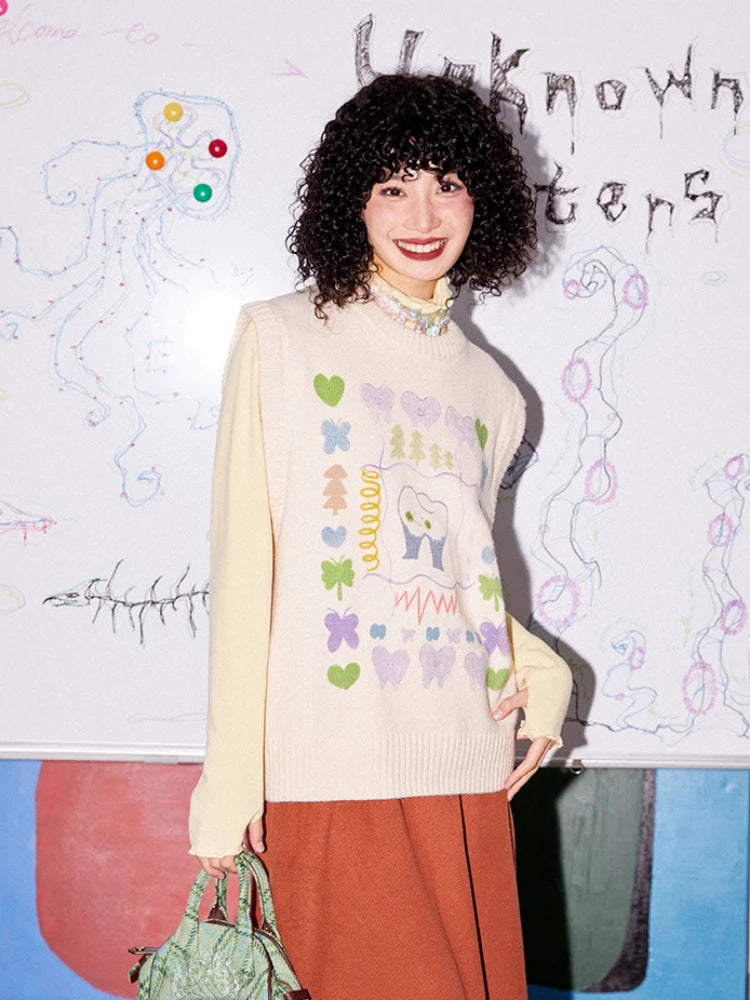 Autumn Grunge Loose Knitted Women's Tanks Casual Cartoon Sleeveless Pullovers Y2k Aesthetic Harajuku Streetwear Sweater Vest