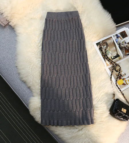 Elegant Vintage Straight Knitted Midi Skirt Women Jacquard Pattern High Waist Skirt Ladies Spring Winter Wrap Skirts Casual