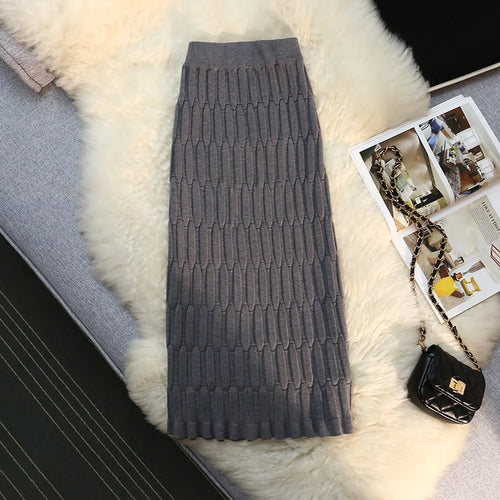 Load image into Gallery viewer, Elegant Vintage Straight Knitted Midi Skirt Women Jacquard Pattern High Waist Skirt Ladies Spring Winter Wrap Skirts Casual
