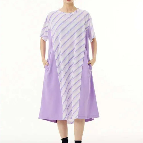 Load image into Gallery viewer, Women Purple Striped Color-block Big Size Dress New Round Neck Short Sleeve Fashion Tide Spring Summer 2025 1DH5420
