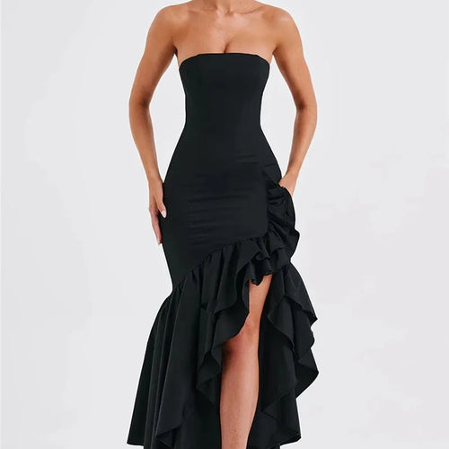 Load image into Gallery viewer, Strapless High Split Ruffle Long Dress For Women Fashion Off-shoulder Backless Sleeveless Bodycon Club Party Sexy Dress
