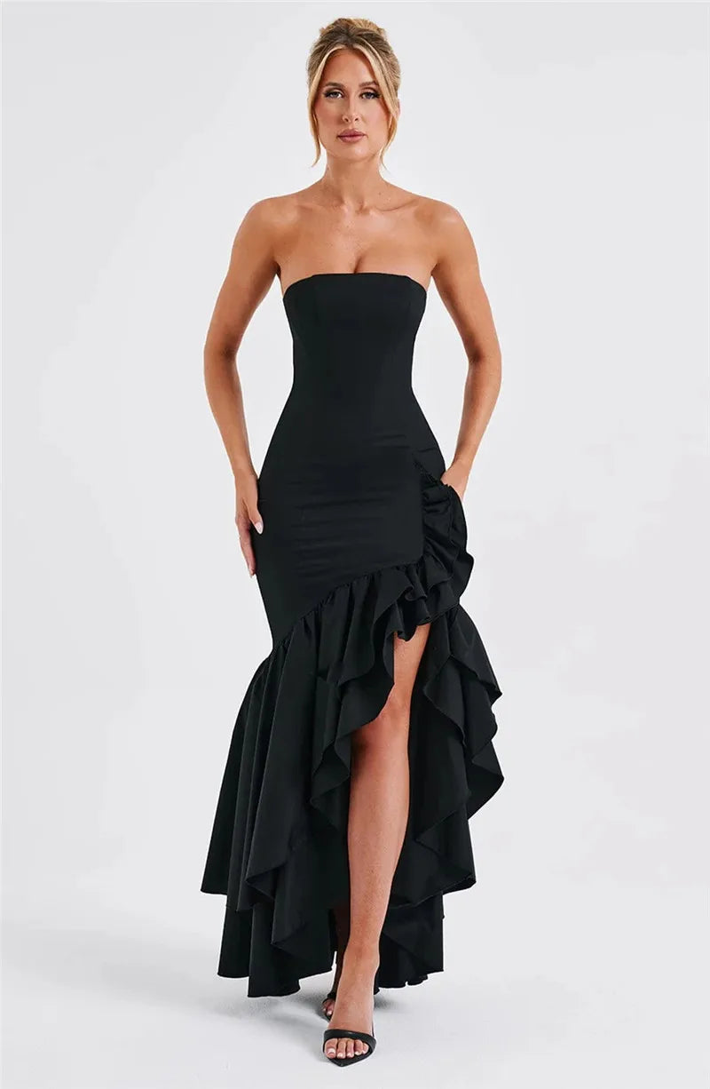 Strapless High Split Ruffle Long Dress For Women Fashion Off-shoulder Backless Sleeveless Bodycon Club Party Sexy Dress