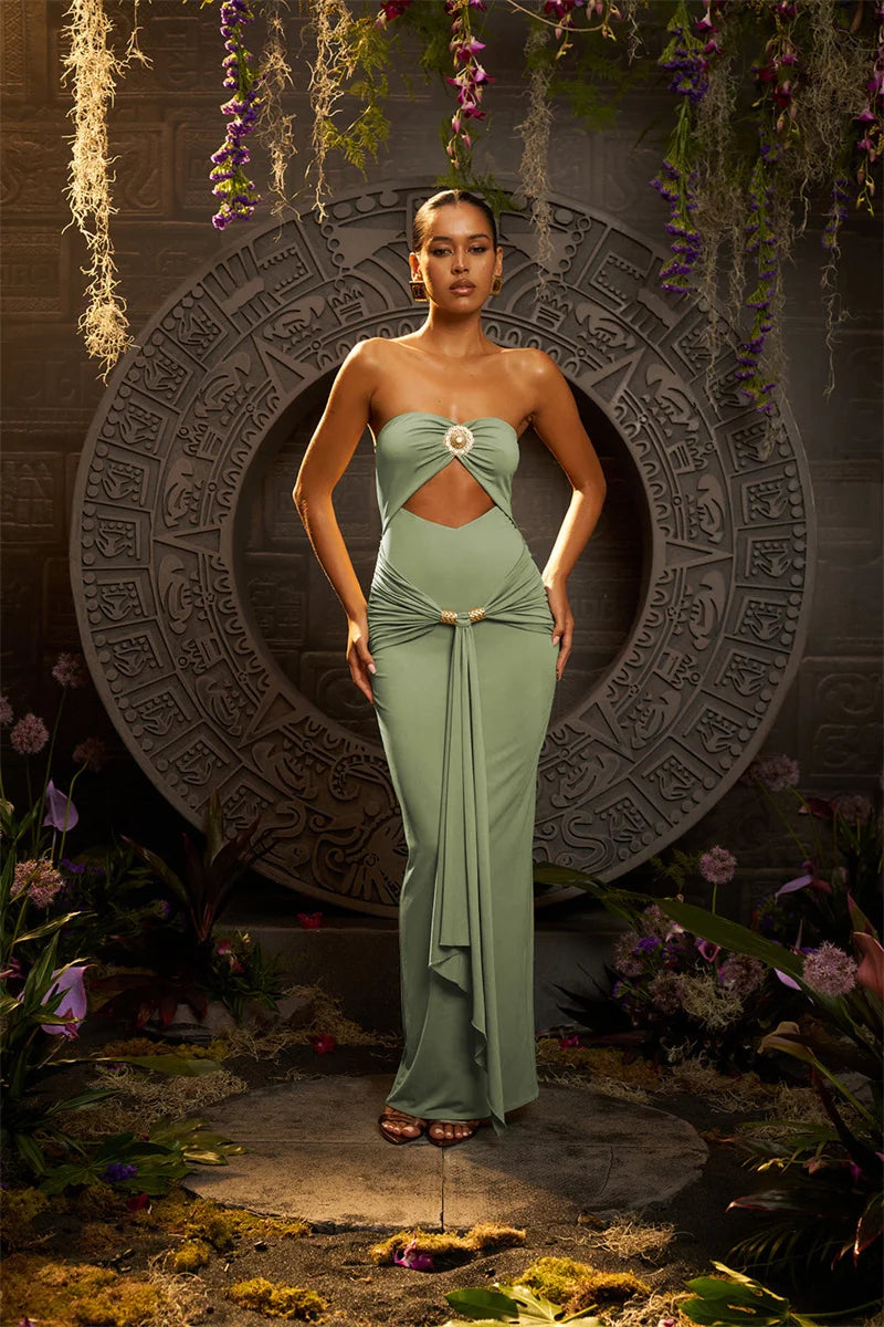 Hollow Out Backless Sexy Maxi Dress Women Gown Summer New Off-shoulder Strapless Sleeveless Ruched Club Long Dress