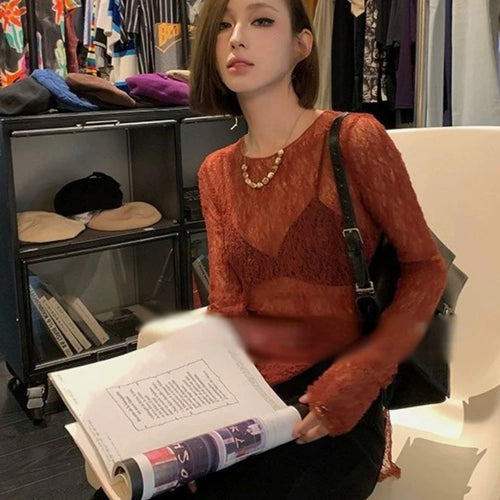 Load image into Gallery viewer, Y2K Hollow Out Knitted Smock Top Vintage Slim Fit T-shirt Women Gothic Crochet Pullovers Casual Y2k Aesthetic Tshirts Grunge
