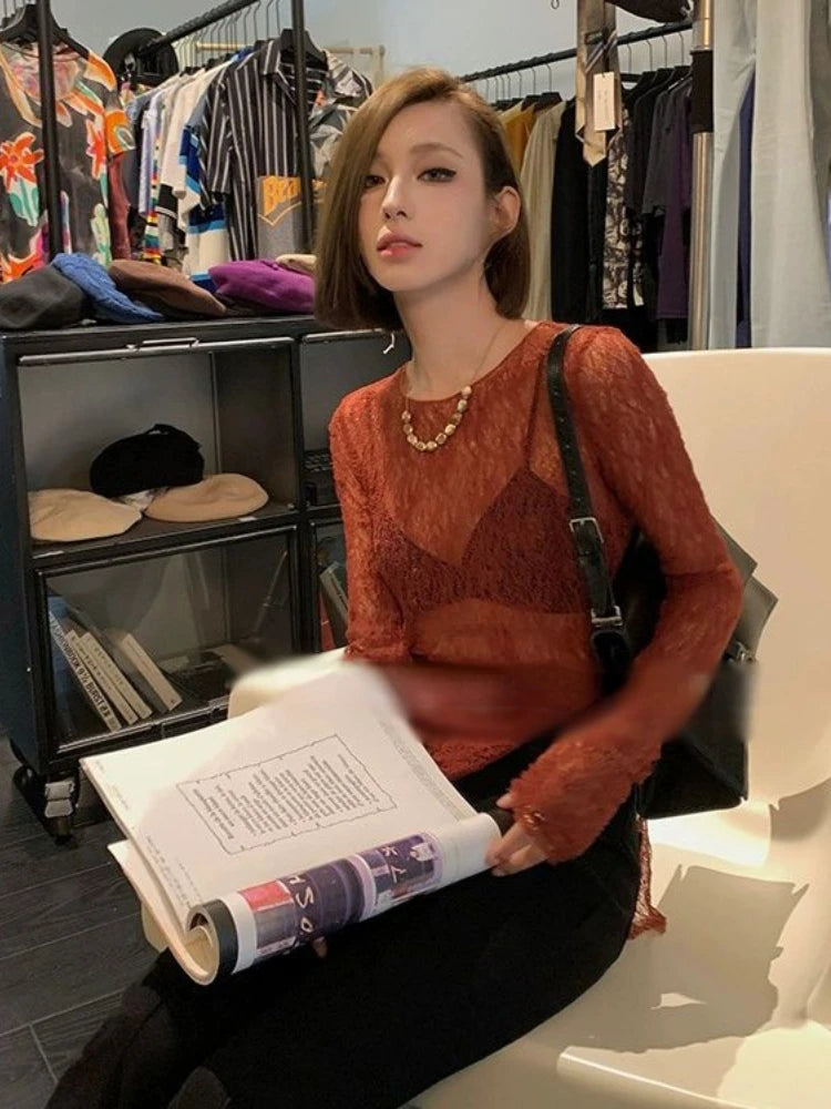 Y2K Hollow Out Knitted Smock Top Vintage Slim Fit T-shirt Women Gothic Crochet Pullovers Casual Y2k Aesthetic Tshirts Grunge