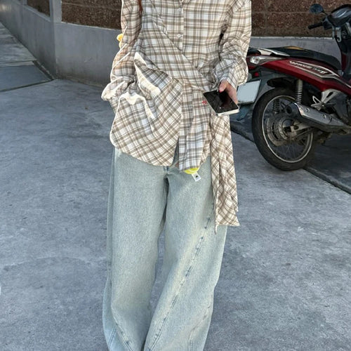 Load image into Gallery viewer, Women Blue Plaid Bandgae Casual Big Size Long Blouse New Lapel Long Sleeve Shirt Fashion Tide Spring Autumn 2025 1DH9771
