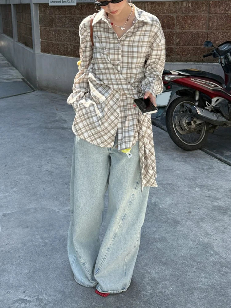 Women Blue Plaid Bandgae Casual Big Size Long Blouse New Lapel Long Sleeve Shirt Fashion Tide Spring Autumn 2025 1DH9771