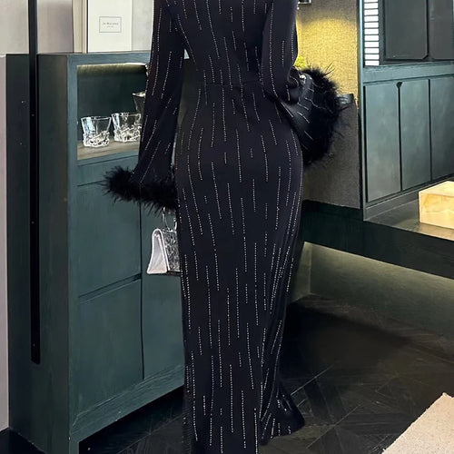 Load image into Gallery viewer, Slimming Spliced Bead Lusurious Dresses for Women V Neck Long Sleeves Tunic Split Patchwork Feathers Dress Female
