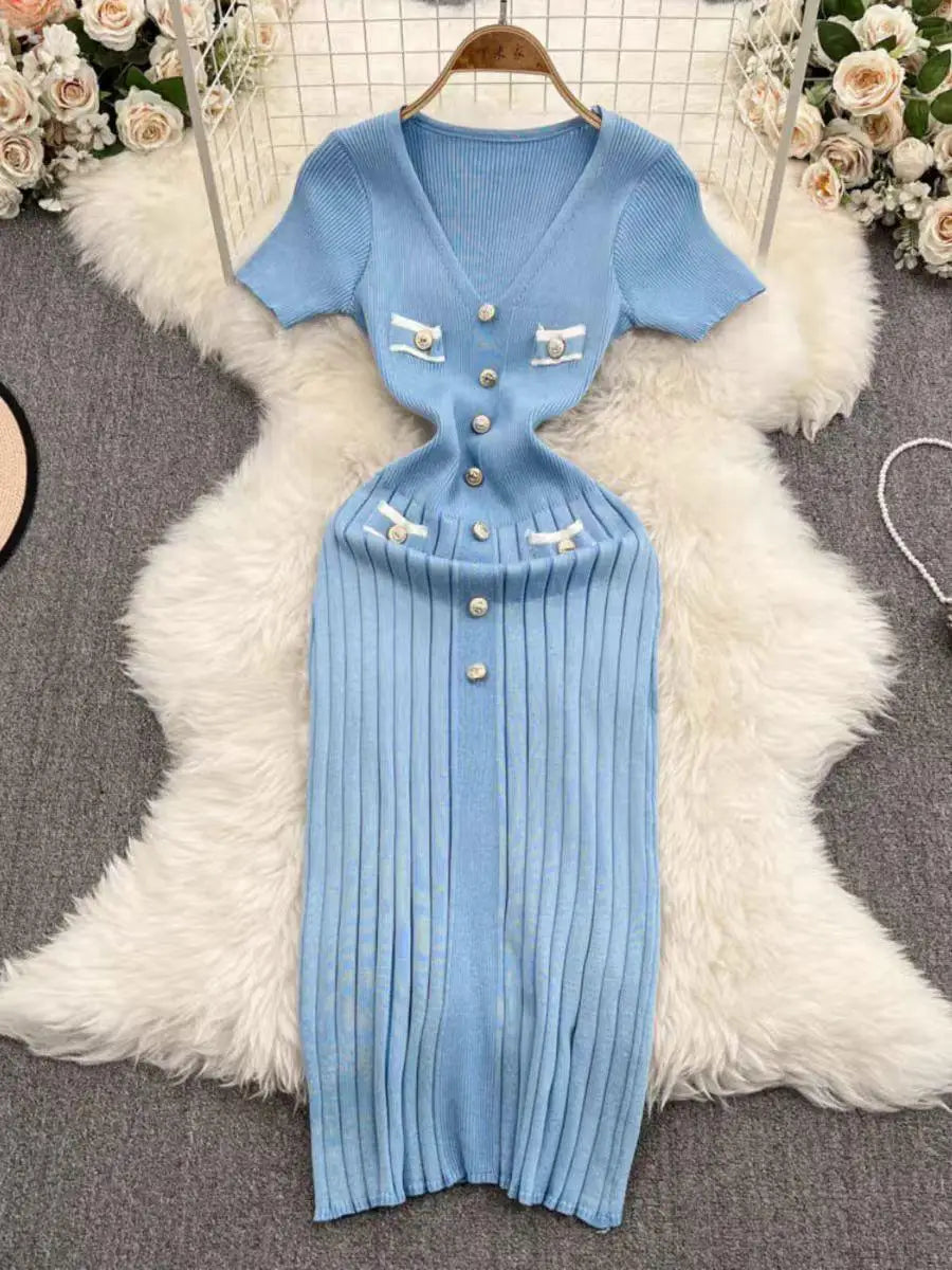 French Fashion Women's Solid V Neck Elegant Slim Short Sleeved Dress Summer Single Breasted Office Lady Knitted Dress Simplicity