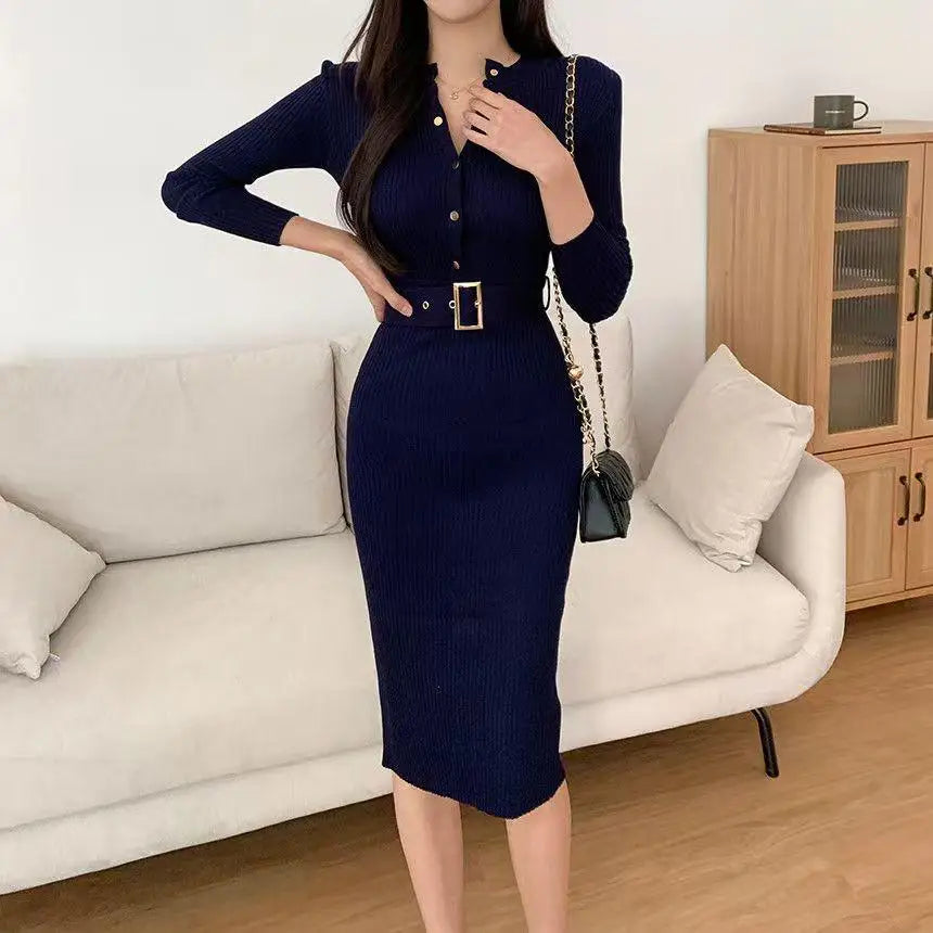 French Women Solid Single Breasted Long Sleeved Midi Dresses Autumn Winter New Temperament Slim Knitted A-line Dress Round Neck