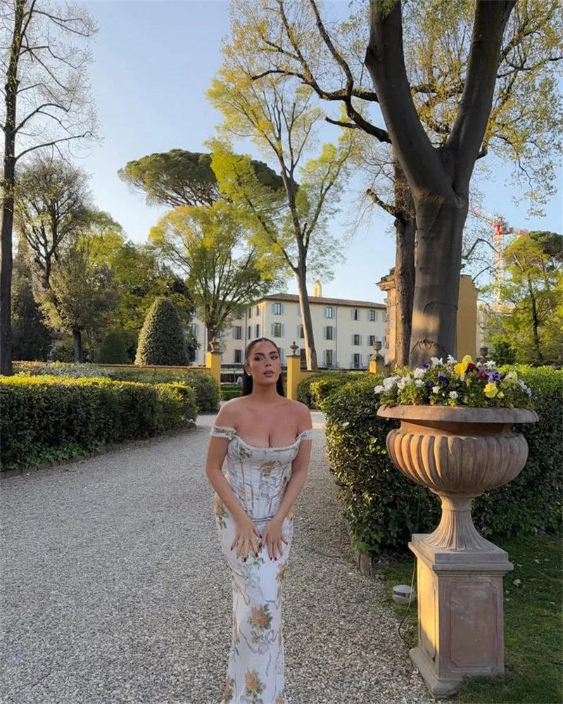 Vintage Print Sexy Maxi Dress Women Gown Summer Off-shoulder Sleeveless Backless Bodycon Club Party Long Dress Elegant