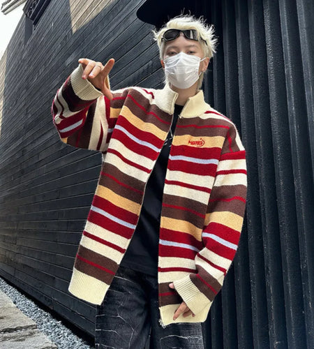 American Sweater Cardigan Jacket Men's Spring Versatile Loose Striped Couple Zipper Knitted Sweater 2025 Turtleneck 9C9259