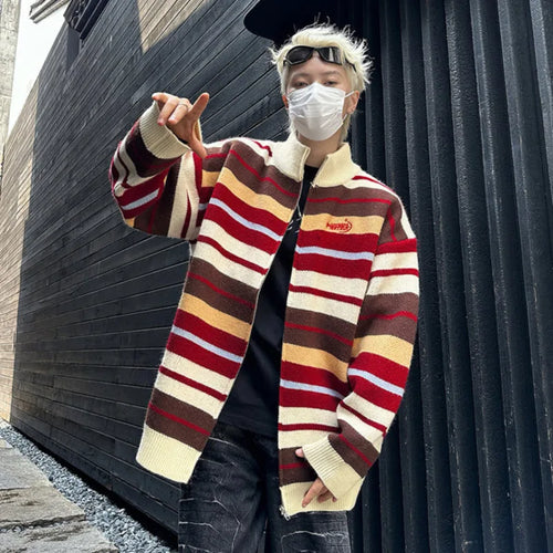 Load image into Gallery viewer, American Sweater Cardigan Jacket Men&#39;s Spring Versatile Loose Striped Couple Zipper Knitted Sweater 2025 Turtleneck 9C9259
